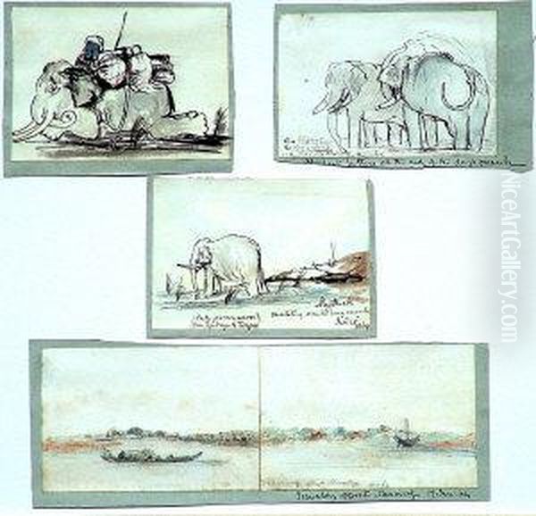 Three Studies Of Elephants In Burma And A River Landscape - view 1