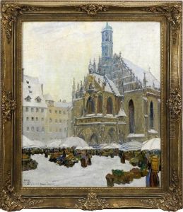 Markt Vor Der Verschneiten Frauenkirche In Nurnberg by Ernst Dorn