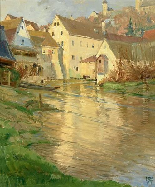 Frankisches Stadtchen Mit Burg Undkirchhugel, An Einem Fluss Gelegen - view 1