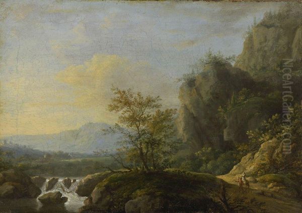 Felsige Flusslandschaft Mit Ziehendem Bauernpaar - view 1