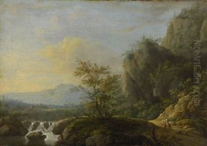 Felsige Flusslandschaft Mit Ziehendem Bauernpaar