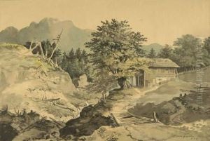Oberbayerische Gebirgslandschaft Mit Hutte. by Johann Jakob Ii Dorner