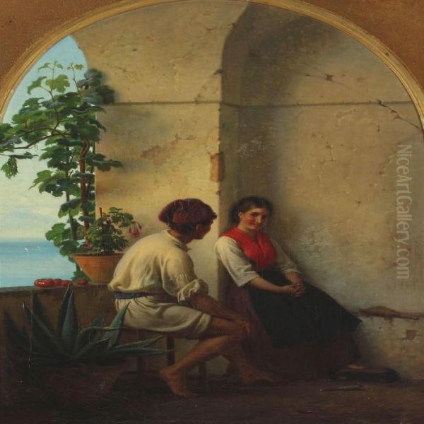 A Young Italian Couple In A Loggia By The Sea - view 1