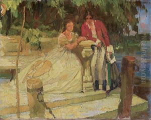 Zwei Damen Bei Einer Steinbank Am See by Ferdinand Dorsch