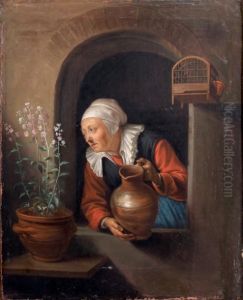 Femme A Sa Fenetre Arrosant Des Fleurs by Gerrit Dou