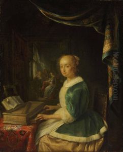 A Young Lady Playing A Clavichord by Gerrit Dou