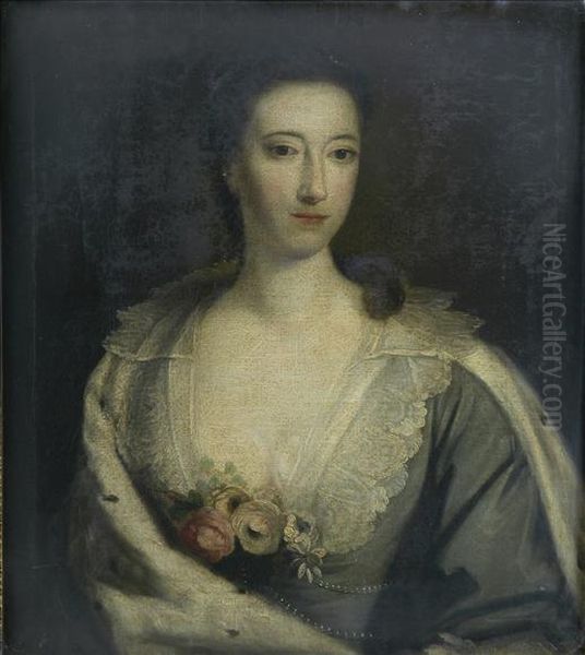 Portrait Of Mary, Duchess Of Norfolk, Half Length, Seated, Wearingermine Cape Above A Lace Bordered Green Satin Decollete Dress Withrose Corsage And Pearls - view 1