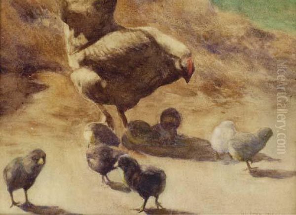 A Hen And Chicks In A Farmyard - view 1