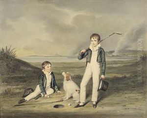 Two Boys With Golf Clubs And A Dog On Old Musselburgh Links by William Douglas