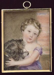 A Child, Wearing Mauve Dress With Gold Shoulder Straps, Playing Witb A Dog, Stone Background, Landscape In The Distance A Child, Wearing Mauve Dress With Gold Shoulder Straps, Playing Witb A Dog, Stone Background, Landscape In The Distance