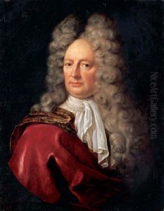 Portrait Of A Nobleman, Bust Length, Wearing A White Cravat And A Red Overcoat by Jan Frans Douven