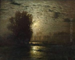 Maanlicht Over Waterlandschap by Louis, Carl Ludwig Douzette