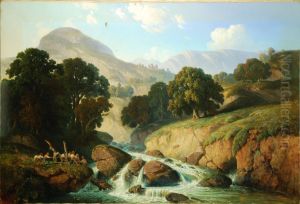 Boscaioli Che Recuperano Un Tronco Dal Torrente E Castello Sullo Sfondo by Achille Dovera