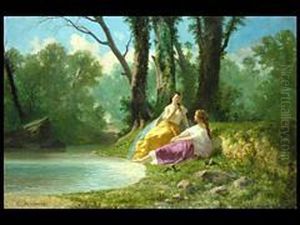 Zwei Frauen Am Bach by Auguste Viande Doviane