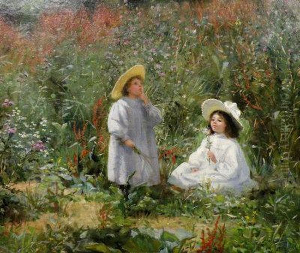 Girls Picking Flowers In A Meadow - view 1