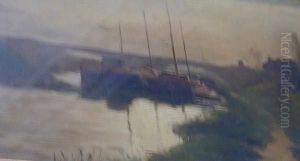Barges By A Bridge C1880 by Thomas Millie Dow