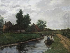 Rural Landscape Scene With A Man In A Boat by John Patrick Downie