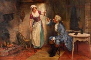 Interior Scene Of Young Maid Lighting Her Master's Pipe