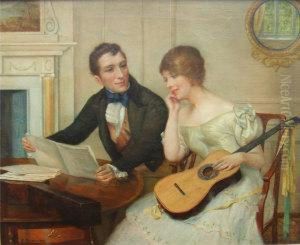 Downing, Oil On Canvas,the Music Lesson, A Young Man And Girl With A Guitar And Musicwithin An Interior, 16ins X 20ins by Delapoer Downing
