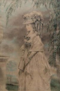 Three Quarter Length Portrait Of A Lady In A Landscape Wearing A Ribbon Tied Bonnet And Holding A Book