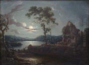 A Moon Lit River Scene With A Figure Standing In The Door Way Of A Ruined Abbey