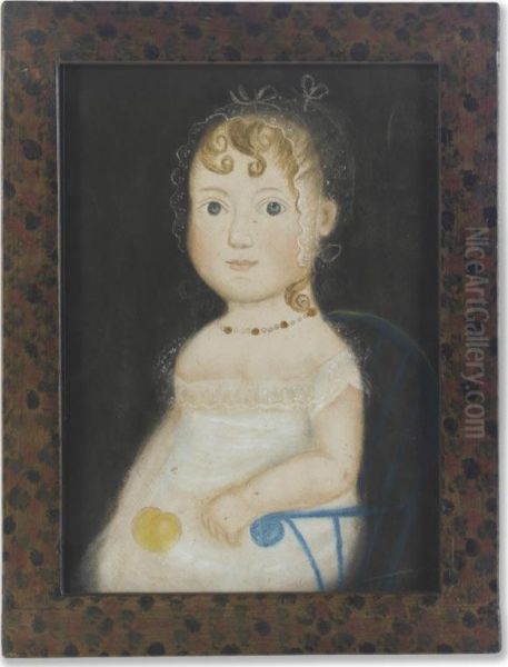 Portrait Of Rebecca Harris Of Scituate, Rhode Island In White Gown And Seated In A Blue Child's Windsor Sack-back Armchair - view 1