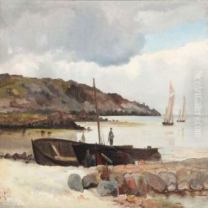 Coastal Scene With Sailing Boats And Fishermen by Holger Drachmann