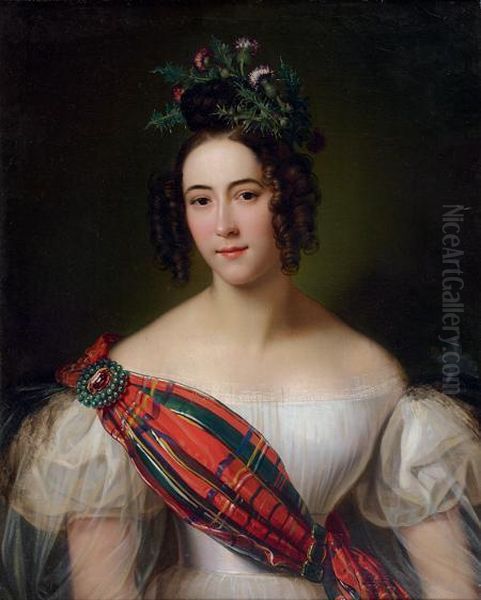 Portrait D'une Jeune Ecossaise Portant Un Tartan Et Coiffee D'un Chardon - view 1