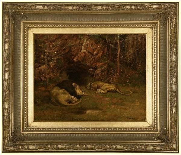 Two Lions Resting In A Landscape - view 1