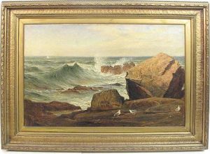 A Coastal Scene With Sea Gulls On A Rocky Shore