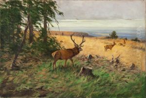 Hirsch Und Rudel Beim Verlassen Des Waldes by Christoffer Drathmann