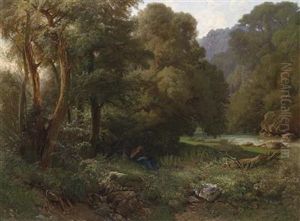 A Mountain Landscape In The South With A Young Woman Reading In The Shade Of A Riverbank