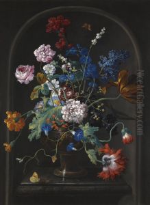 A Still Life Of Roses, Tulips, Anemones, Bluebells And Other Flowers In A Vase, In A Stone Niche by Johann Baptist Drechsler