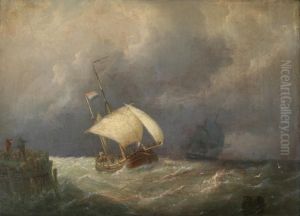 A Fishing Boat Off A Jetty In Squally Weather