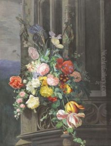 Fleurs Sur Un Fond D'architecture Gothique by Paul Drevet