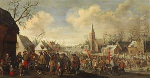 Ansicht Eines Winterlichen Dorfes Mit Dem Festzug Des St. Valentin by Joost Cornelisz. Droochsloot