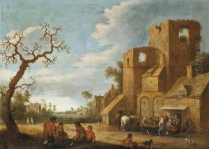 A Rustic Track With Figures Merrymaking Outside An Inn by Joost Cornelisz. Droochsloot
