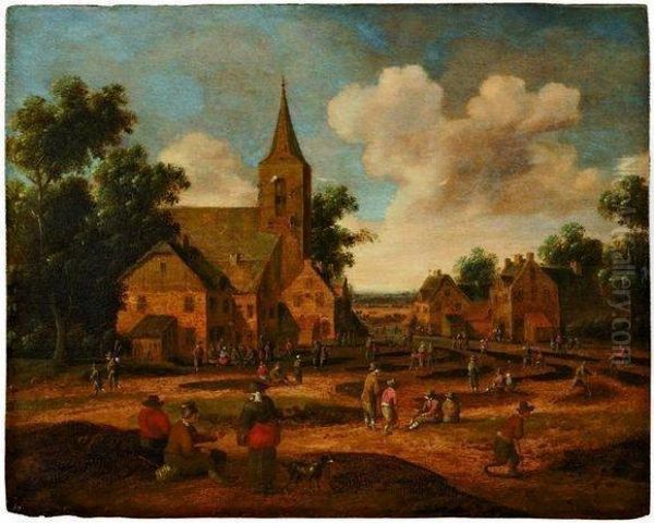 Scene De Village Avec Paysans Et Villageois Sur La Place Del'eglise - view 1