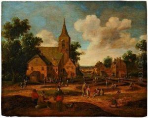 Scene De Village Avec Paysans Et Villageois Sur La Place Del'eglise