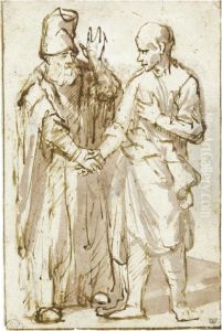 An Old Man And A Young Man Shaking Hands (the Departure Of Tobit?) by Willem Drost
