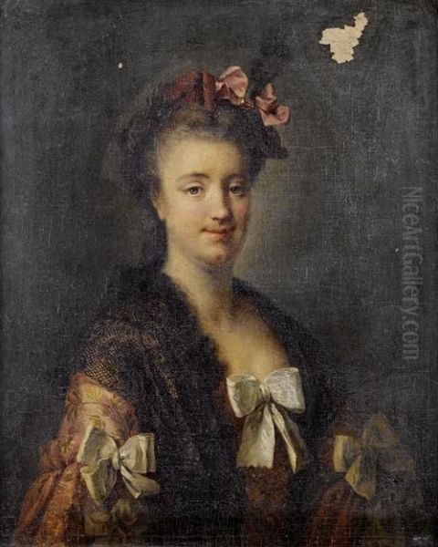 Portrait Of A Lady, Half-length, In A Pink Embroidered Silk Dress And A Black Lace Shawl, A Pink Ribbon In Her Hair - view 1