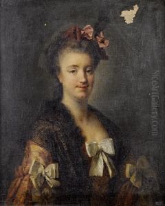 Portrait Of A Lady, Half-length, In A Pink Embroidered Silk Dress And A Black Lace Shawl, A Pink Ribbon In Her Hair by Francois-Hubert Drouais