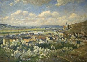 Blick In Weite Fruhlingshafte Flussebene Mit Bluhenden Obstbaumen Und Am Strom Gelegener Stadt.