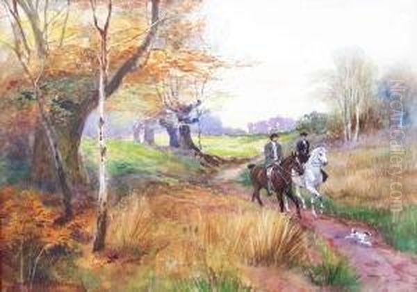 Herbstliche, Baumbestandene Wiesenlandschaft Mit Zwei Reitern Und Vorauslaufendem Hund - view 1