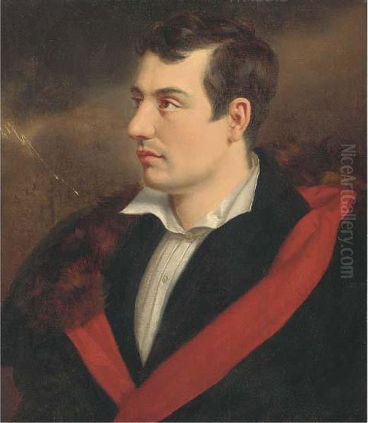 Portrait Of The Poet, George Gordon Byron, 6th Baron Byron(1788-1824), Bust-length, Wearing A White Shirt And A Black Coatwith Red Lining And Fur Trim, In A Stormy Landscape - view 1