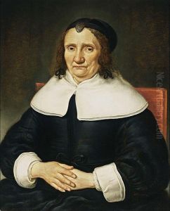 A Portrait Of An Elderly Lady, Seated Half Length, Wearing A Black Satin Dress With White Collar And Cuffs And A Black Bonnet