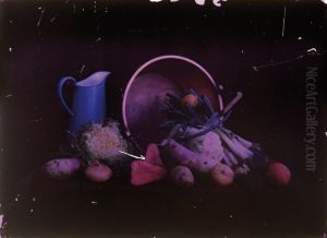Nature Morte Aux Legumes Et Pichet Bleu.