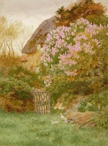 Ducks Before A Lilac Covered Cottage by Curtius Duassut