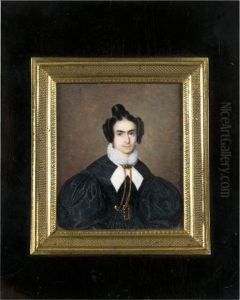 Femme En Robe Noire A Manches Gigot, Courte Echarpe Creme A Damier Blanc Croisee Sous Une Ruche De Dentelle Et Grande Chaine En Sautoir A Fermoir Orne D'un Camee by Joseph Dubasty