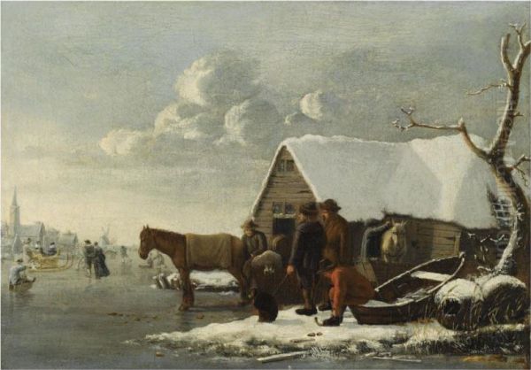 A Winter Landscape With Figures And Horses Near A Barn, Skaters On A Frozen Lake, A Church Beyond - view 1